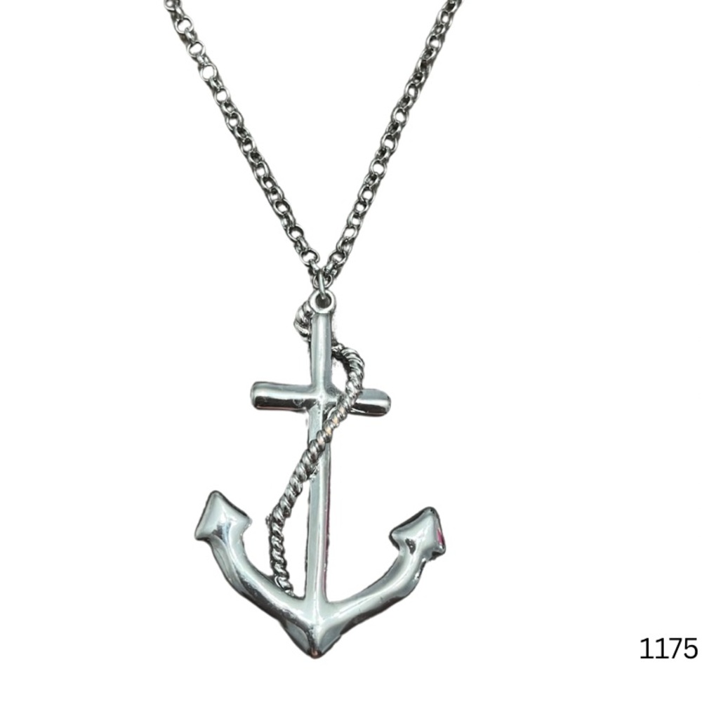 1175 Long Silver Anchor Pendant Necklace